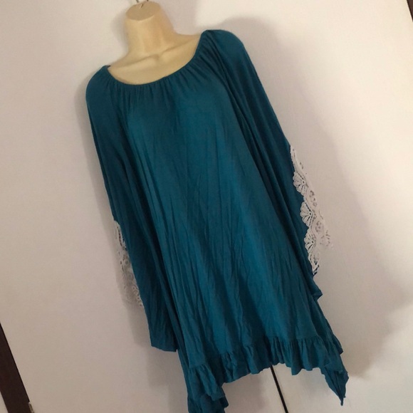 Woman’s bohemian fall blue embroidered crochet bell Sleeves eyelet tunic dress - Picture 3 of 14